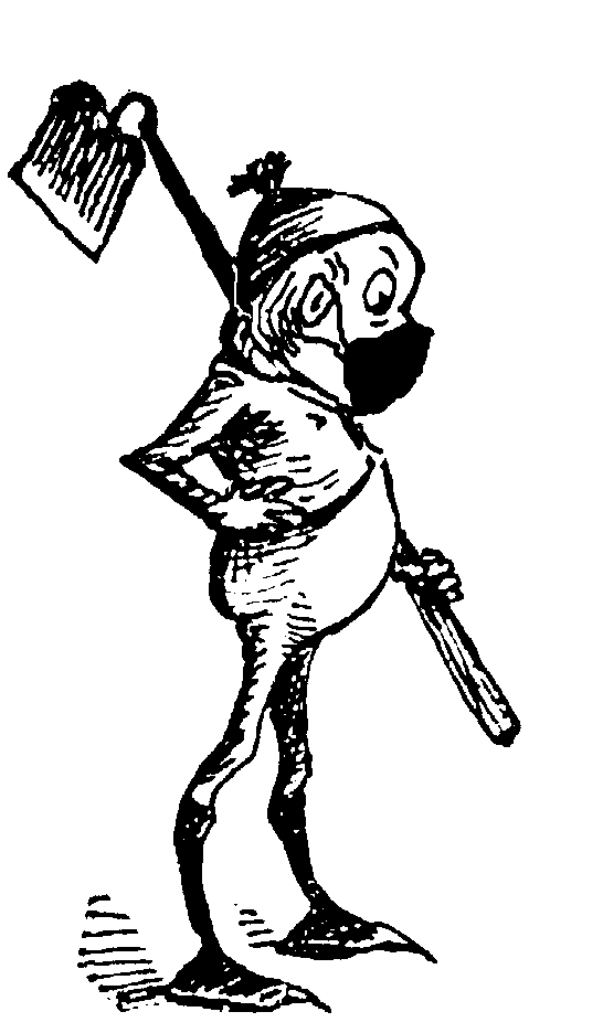 a gnome wearing a mask and carrying a hoe