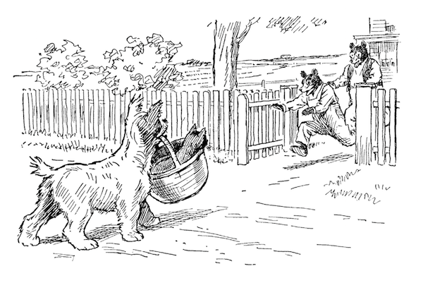 Image: terrier dog brings a kitten in a basket to some friendly anthropomorphic bears